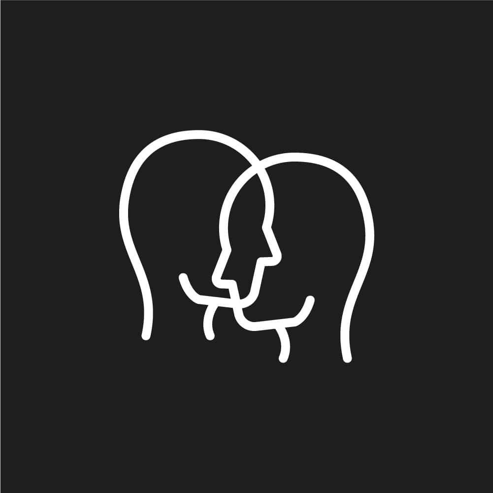 a white line drawing of two heads