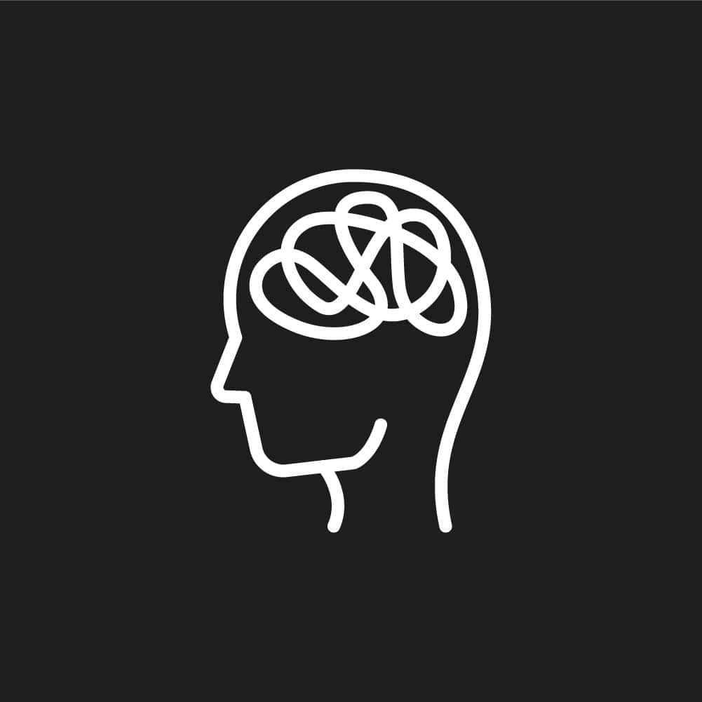 a white line drawing of a head with a tangled brain