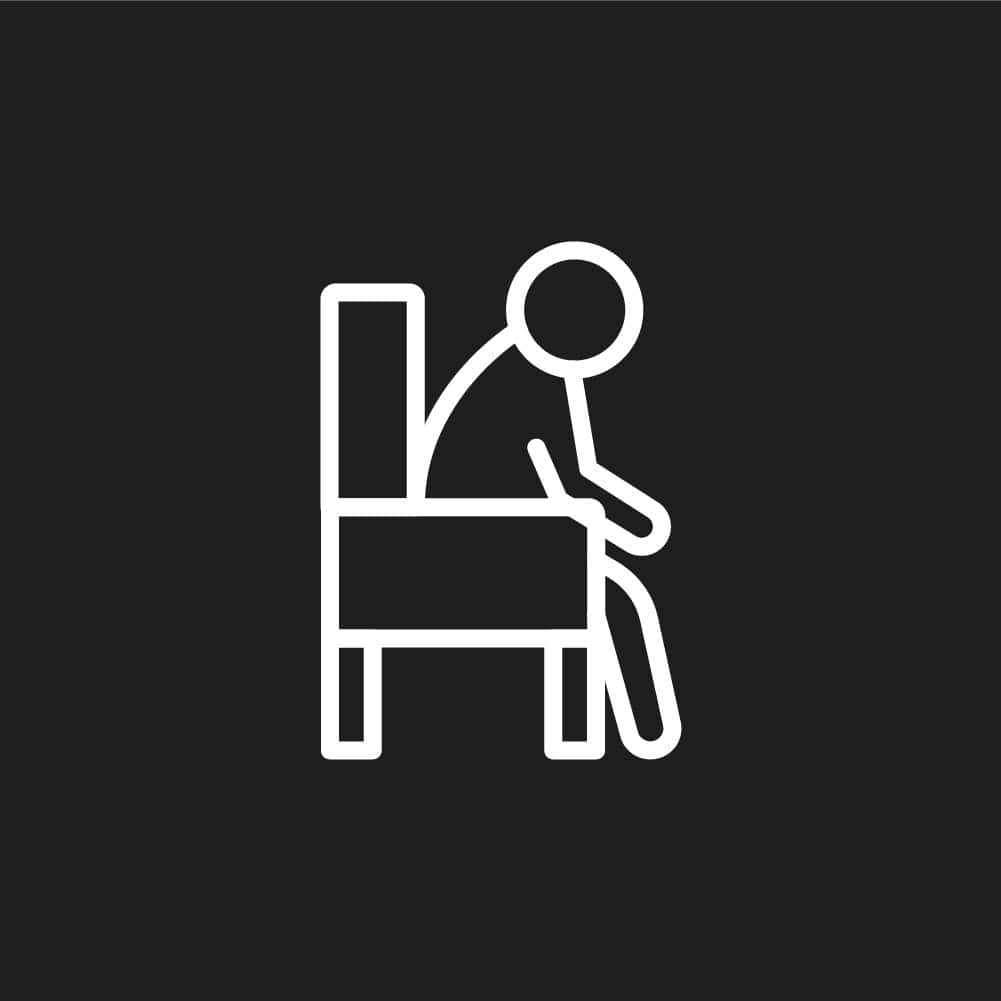 a white line drawing of a person sitting on a chair