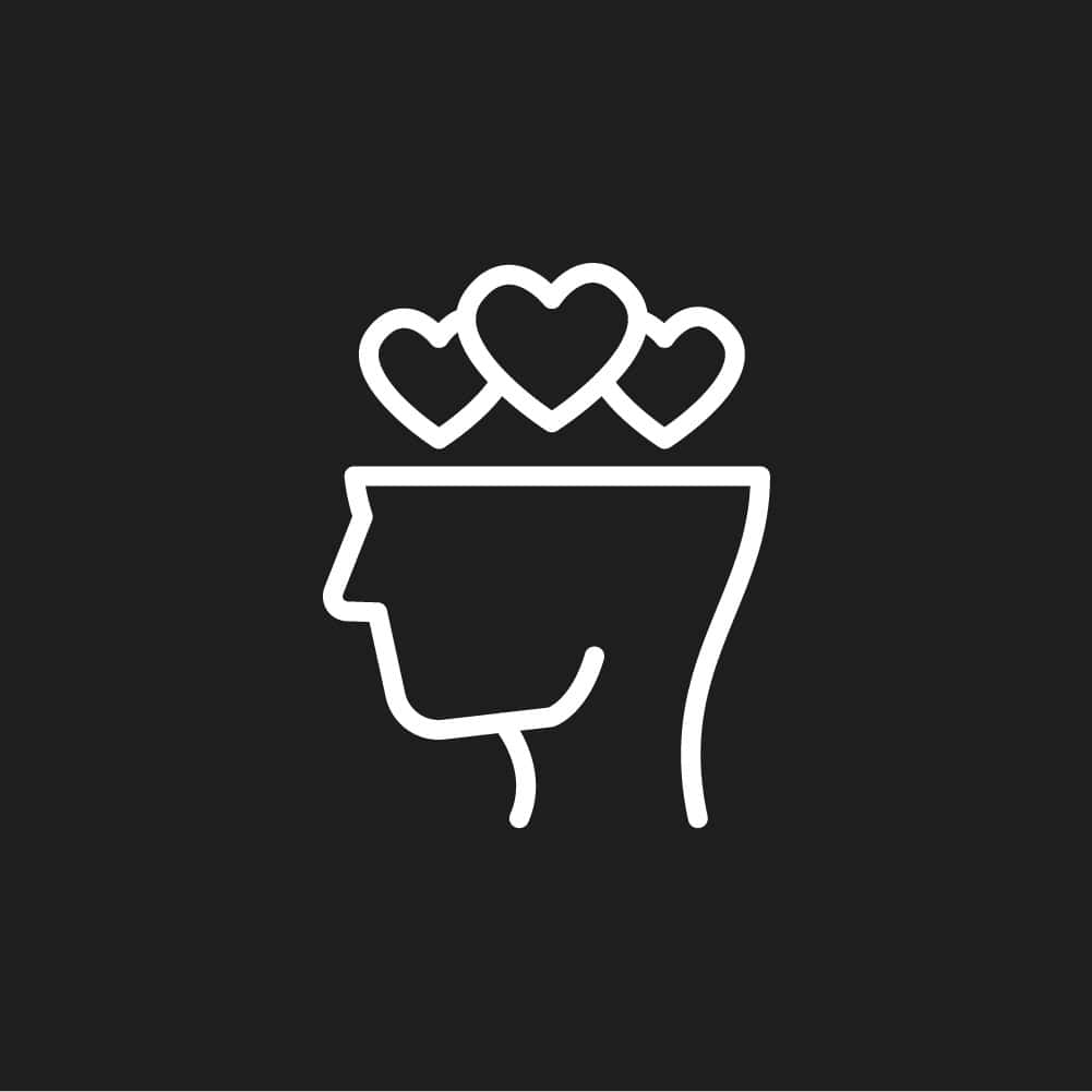 a white line art of a head with hearts above it